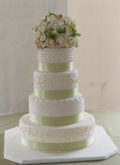green satin ribbon cake with sugar flowers