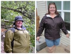 Me in my men's 2X rain jacket last year, and my new women's 2x jacket at 3 months post op.
