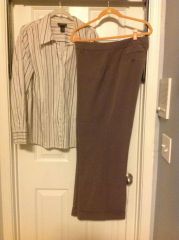Cream with Brown Stripes Blouse    18 20W And Brown Trousers   18