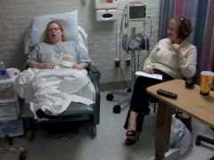 I was groaning here from the pain. Then they gave me more oxycodone and I felt a million times better. I was craving ice chips hardcore. That's my mother, (and inspiration/hero!), who had the surgery done March 11,2008 and has gone from a size 24 to a siz
