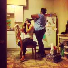 Lol doing hair In The kitchen