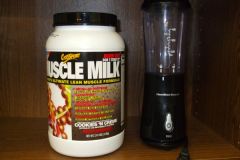 Muscle Milk Cookies -N-Cream flavor.  To date this is the only protein shake that I can stand to drink everyday!  This is breakfast everyday at 9:30 A.M.  This is a great little blender for protein shakes.  Walmart $14.99.