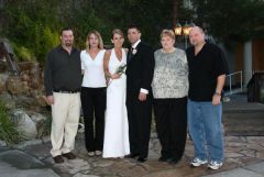 Pre-diet and surgery.
Left to right, daughter's husband, daughter, new daughter-in-law, son, me, husband.
At my son's wedding Feb 2008.