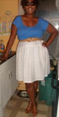 Ode to Aegean Blue. This outfit is channeling Sophia Loren filming in Greece. Sexy sexy sexy.

Believe it or not, both the shirt and skirt are a full size too BIG. 
The belt is 4 sizes too small.

I used the belt to cinch the skirt and to highlight t