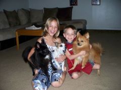 Nicholas and Alyssa with the doggies. Black is Riley, white Gotti and brown Link.