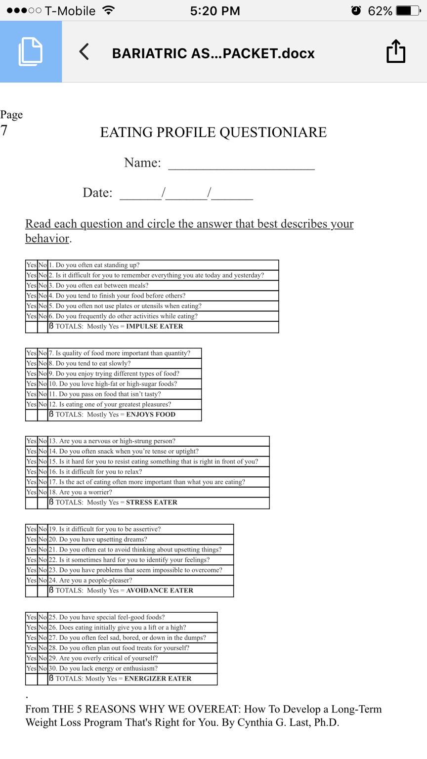 Psychological Evaluation PRE Operation Weight Loss Surgery Q A 